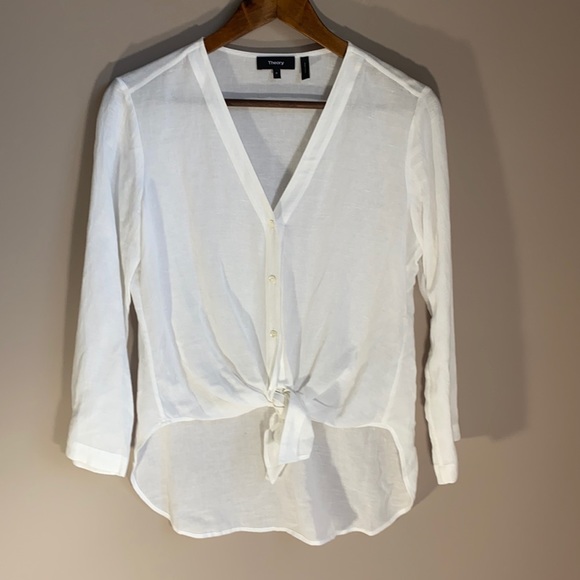 Theory Tops - Theory Linen Blend Hi-Low Tie Front Top White P